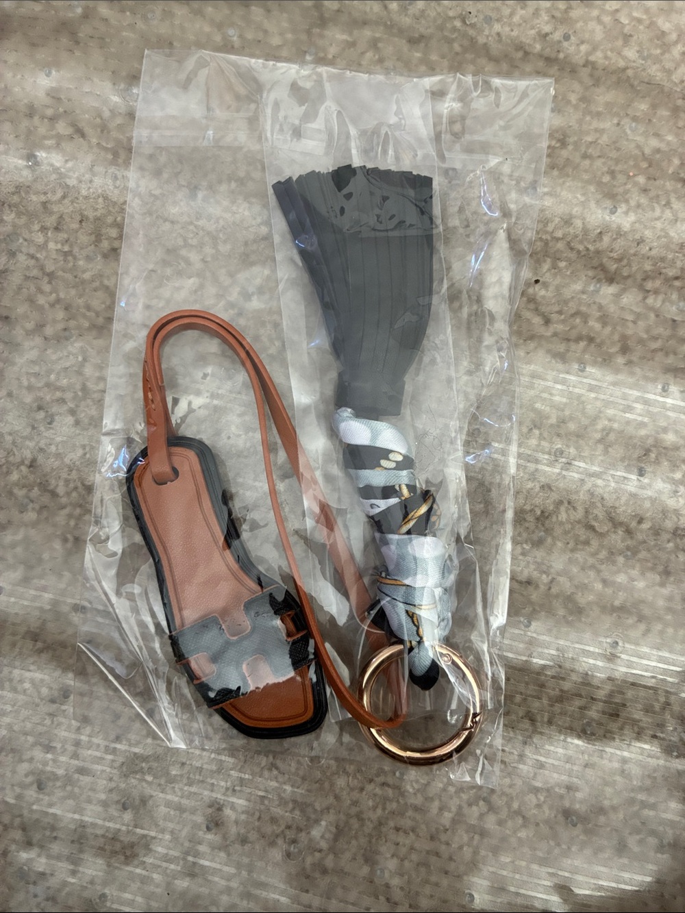 Brown Leather Charm Keychain with Gray Tassel